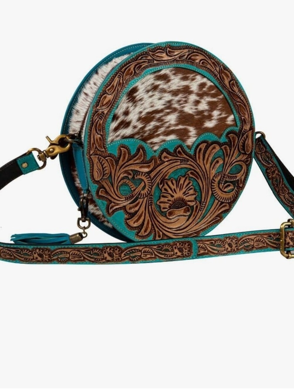 Turquoise and Brown Tooled Leather Round Crossbody with Cowhide Panel